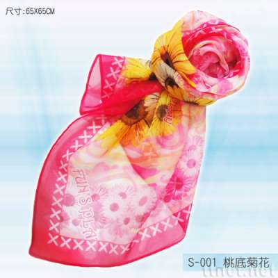 桃底菊花丝巾（S-001）